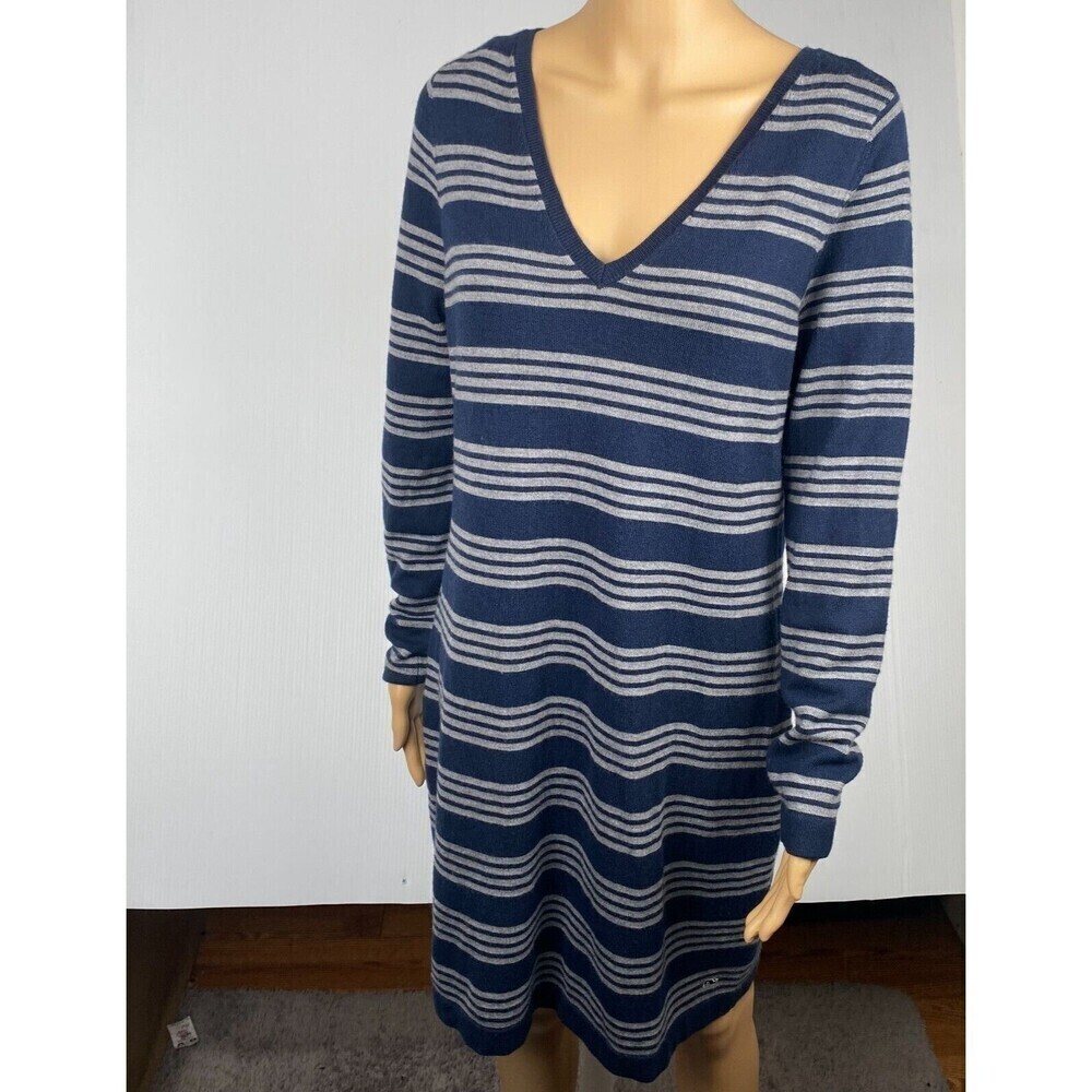Vineyard Vines Women Striped Wool Blend V Neck Sweater Dress Size M Preppy Blue